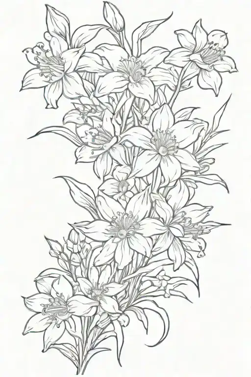 daisy and daffodil flower bouquet, greenery, cherry blossoms, snow drops, violets, stems tattoo design idea