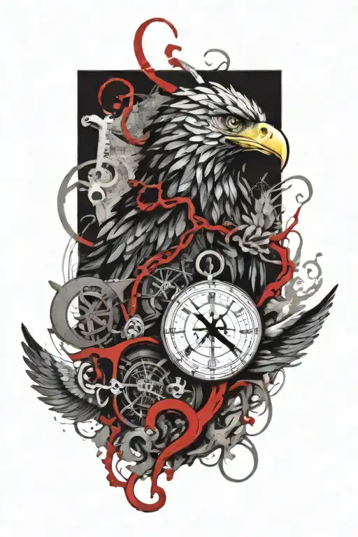 Medusa, eagle, map and anchor tattoo design idea