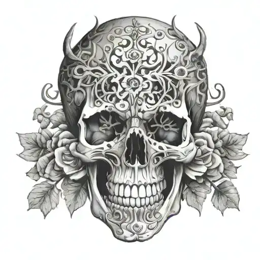 A skull with antlers intertwined with delicate floral patterns, symbolizing the cycle of life and death tattoo design idea