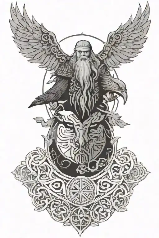 Viking with ravens, Jörmungander, Valknut, Vegvisig, Yggdrasil that takes up an entire arm and part of the chest for a man tattoo design idea