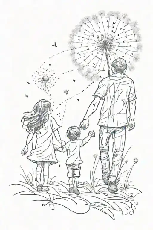 A silhouette of a father holding hands with his wife and two kids, with a wish dandelion floating above them tattoo design idea