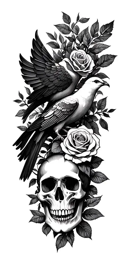 Doves, roses and skulls in the woods tattoo design idea