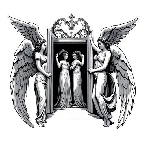 "long live hrh" angels holding door open tattoo design idea