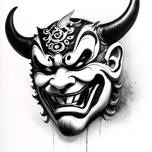 Black and white pencil sketch of a Hannya mask in realistic fine art style, with smooth shading and clean lines tattoo design idea