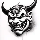 Black and white pencil sketch of a Hannya mask in realistic fine art style, with smooth shading and clean lines tattoo design idea