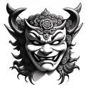 Black and white pencil sketch of a Hannya mask in realistic fine art style, with smooth shading and clean lines tattoo design idea