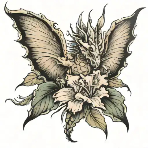 gladiolus flower with dragon flying tattoo design idea