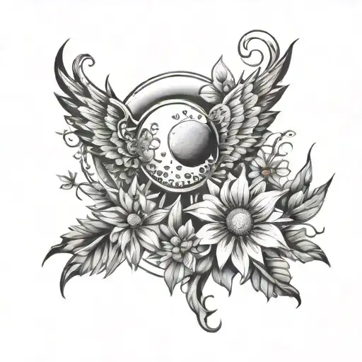 daisy lily wings sun moon tattoo design idea