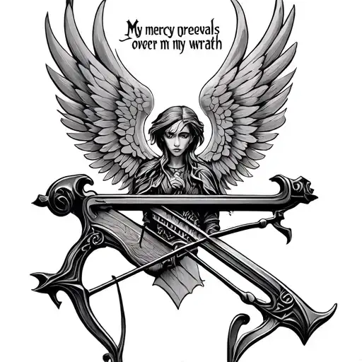 my mercy prevails over my wrath with crossbow and wing tattoo design idea