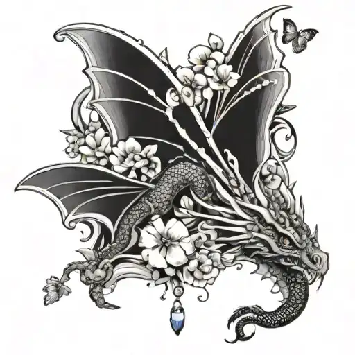 black and white unique nature dragon in the style of a moth gurading a flower surrounded by butterflies and water drops tattoo design idea