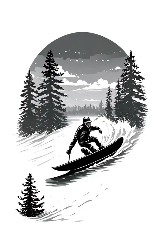 trees, snowboarder, wake surfer, surfboat tattoo design idea