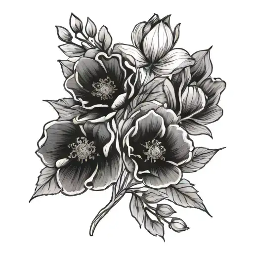 black fine line birth flowers of June, July, August and November  tattoo design idea
