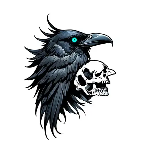 tattoo design of a raven merging with a human skull, glowing cyan eyes and mouth, black ink feathers, fine linework, dot tattoo design idea