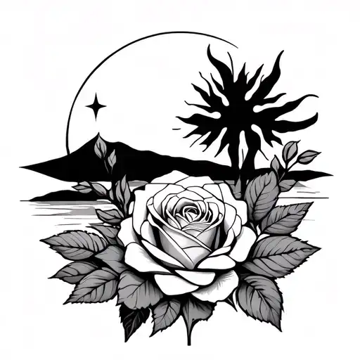 Desert landscape, roses, Zia Sun moon star tattoo design idea
