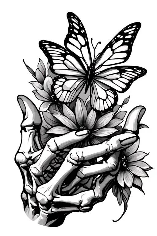skeleton reaching hand out with butterfly on hand tattoo design idea