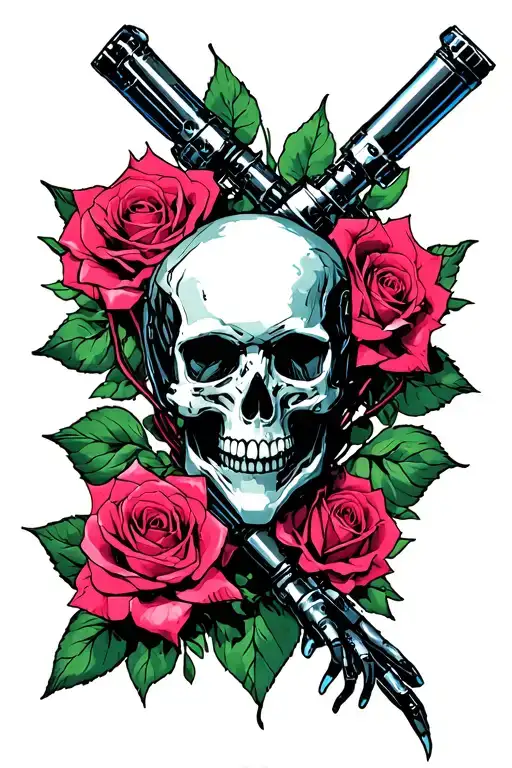 A sketch for a tattoo theme of cyberpunk 2077 game With crossed Cybernetic hands  and skull   With a couple of roses in  tattoo design idea