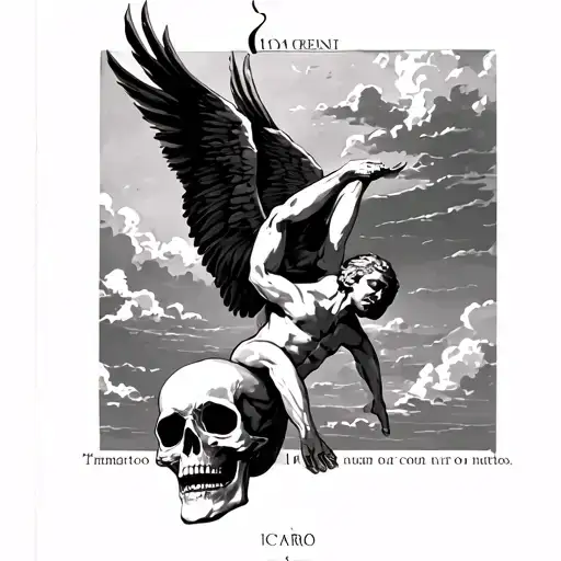 Icarus falling from sky 2d with memento mori underneath tattoo design idea