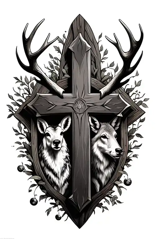 a cross with antlers on the outside and animals inside tattoo design idea