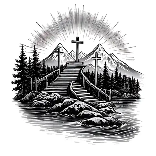three crosses surrounded by sun rays. fishing on river in woods in front of mountains with staircase to cross tattoo design idea