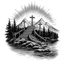 three crosses surrounded by sun rays. fishing on river in woods in front of mountains with staircase to cross tattoo design idea