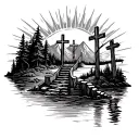three crosses surrounded by sun rays. fishing on river in woods in front of mountains with staircase to cross tattoo design idea