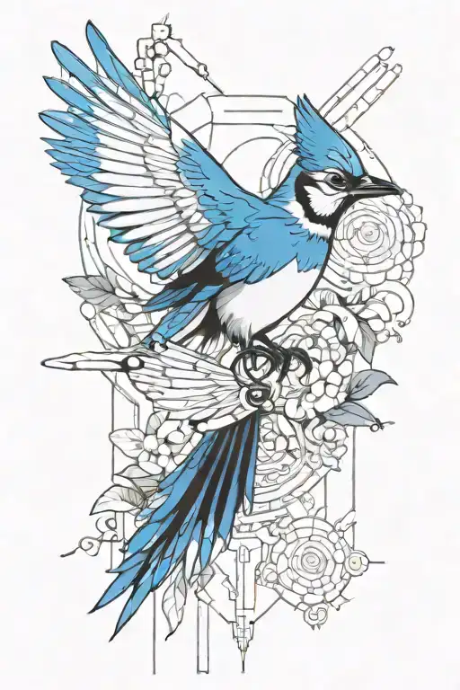blue jay bird flying, larkspur flower tattoo design idea