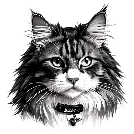 Maine Coon cat, full body, majestic, cool, 4k, black and white, "Jessie" written on collars name tag tattoo design idea