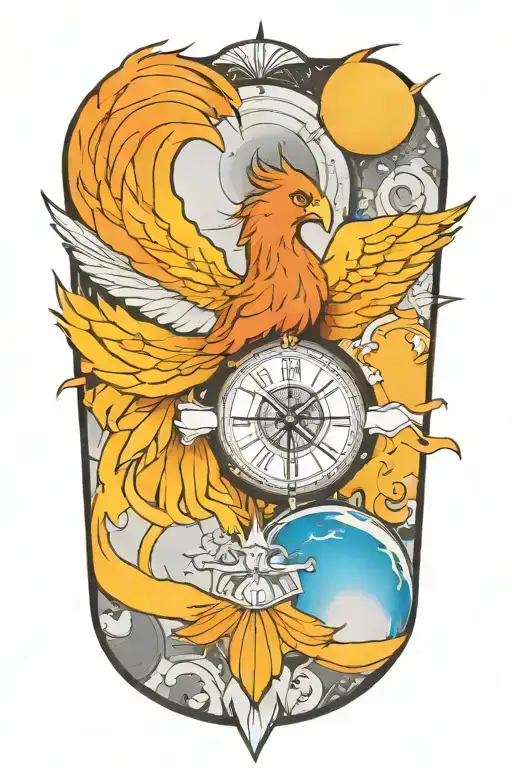 phoenix, light of beacon, compass, time piece, solar system tattoo design idea