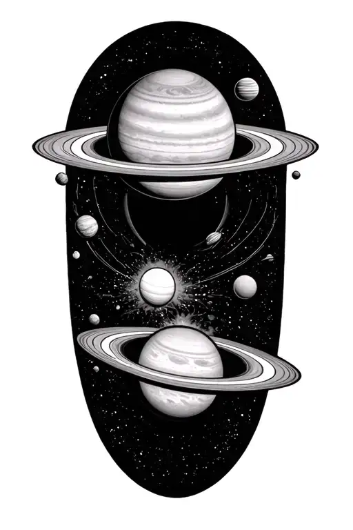 warlock solar system with saturn getting sucked by a black hole tattoo design idea