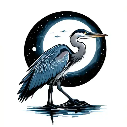 blue heron standing in moon full sleeve tattoo design idea