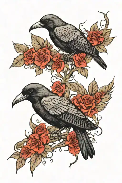 The tattoo would be done in a style mixing realism for the raven and the deer skull, and a more stylized aspect. tattoo design idea