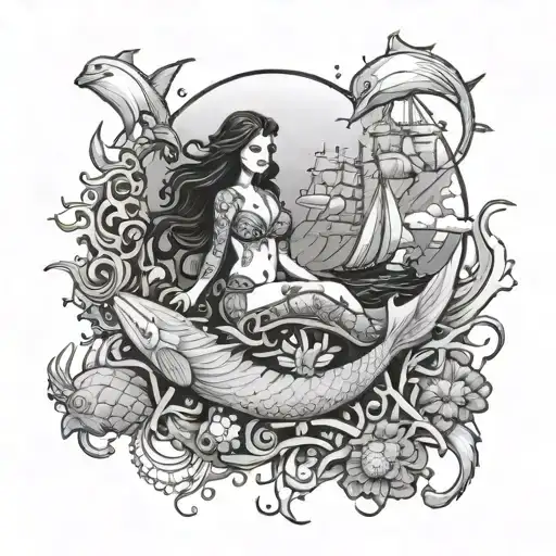 tattoo design with marine mammals and a little inuit sedna mermaid surrounded by coral reef and sailing boat tattoo design idea