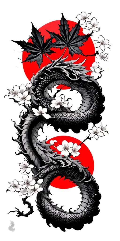 Japanese style maple leafs cherry blossoms black and amber shading cloud background with red moon and dragon background  tattoo design idea