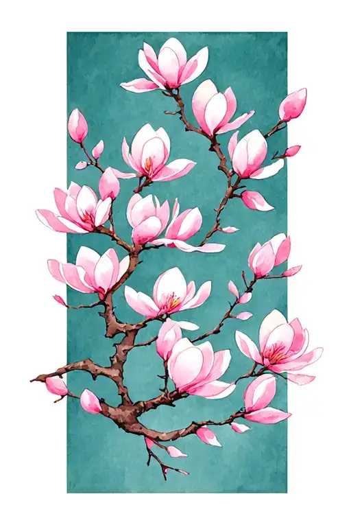 A Japanese-inspired illustration featuring a delicate branch with vertically arranged soft pink magnolia blossom framed tattoo design idea