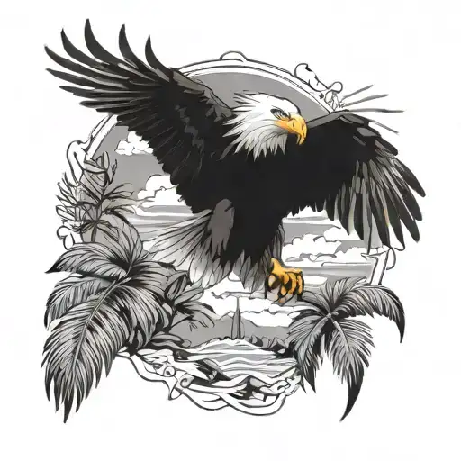 American flag, bald eagle, and tropical trees tattoo design idea
