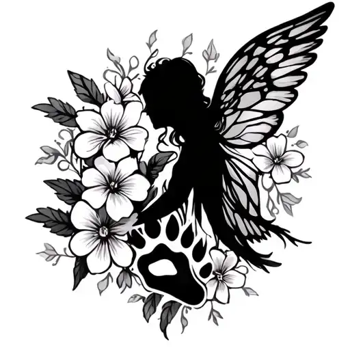 angel fairy flowers and paw print tattoo design idea