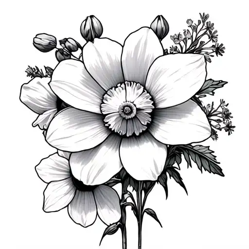 cosmos, daffodil, larkspur, sweet pea tattoo design idea
