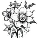 cosmos, daffodil, larkspur, sweet pea tattoo design idea