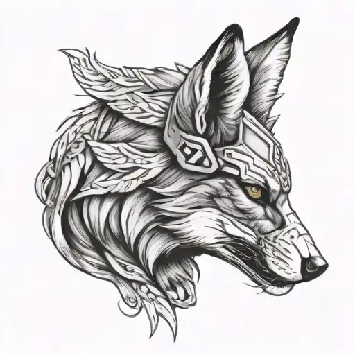 A red fox wearing a valkyrie helmet black and grey side profile badass tattoo design idea