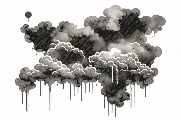 Black and white, dark, ominous rain clouds with spots of sunlight peeking through tattoo design idea
