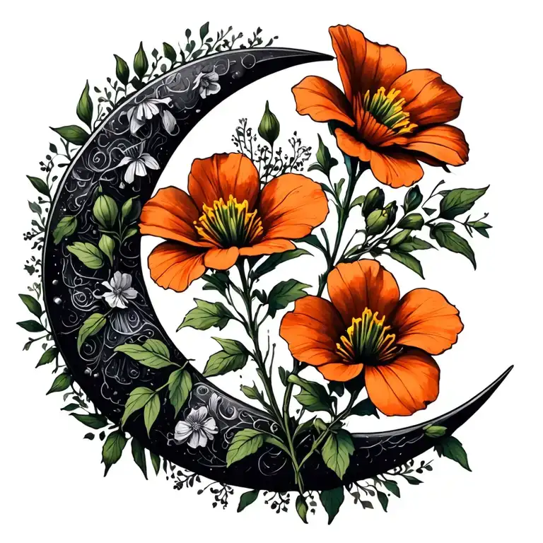evening primrose, campanula, and balsam in the shape of a crescent moon tattoo design idea