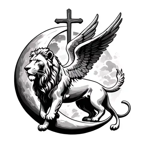Lion With Angel Wings in a creasant moon with a cross behind it tattoo design idea