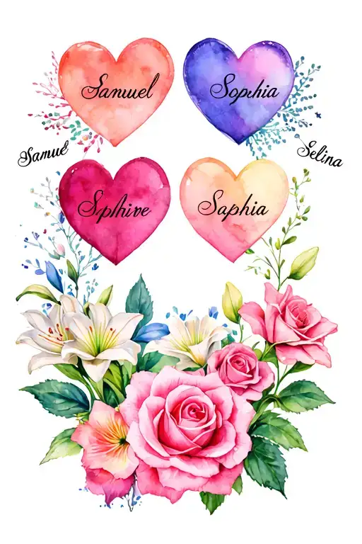 4 hearts in line with names Samuel Sophia Saphire Selina surrounded by roses, lillys and blossom flowers tattoo design idea
