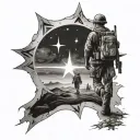 a soldier walking towards a guiding star across scorched earth tattoo design idea