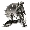 a soldier walking towards a guiding star across scorched earth tattoo design idea