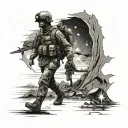 a soldier walking towards a guiding star across scorched earth tattoo design idea