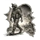 a soldier walking towards a guiding star across scorched earth tattoo design idea