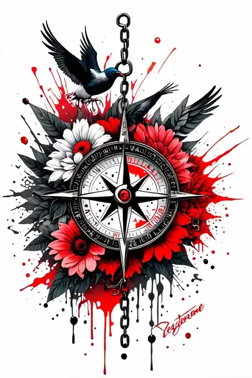 A compass with the trans symbol, flowers, birds, breaking chains and testosterone molecule tattoo design idea