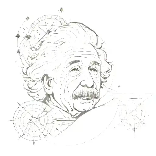 A sketch style tattoo of a celestial scene with Albert Einstein's face in the center, surrounded by stars and symbols of metaphysical theories like e=mc2, pi, and Planck's constant tattoo design idea