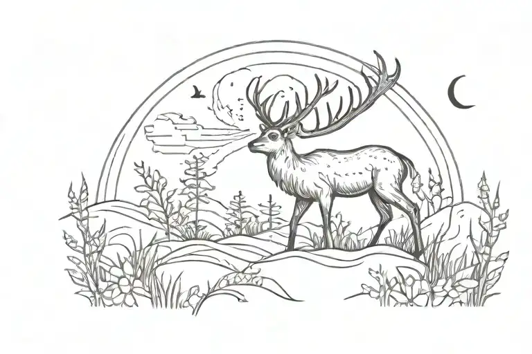 one deer grass moon line tattoo design idea